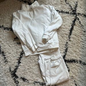 White Half Zip Sweatshirt + Sweatpants set. From Amazon, size Small.